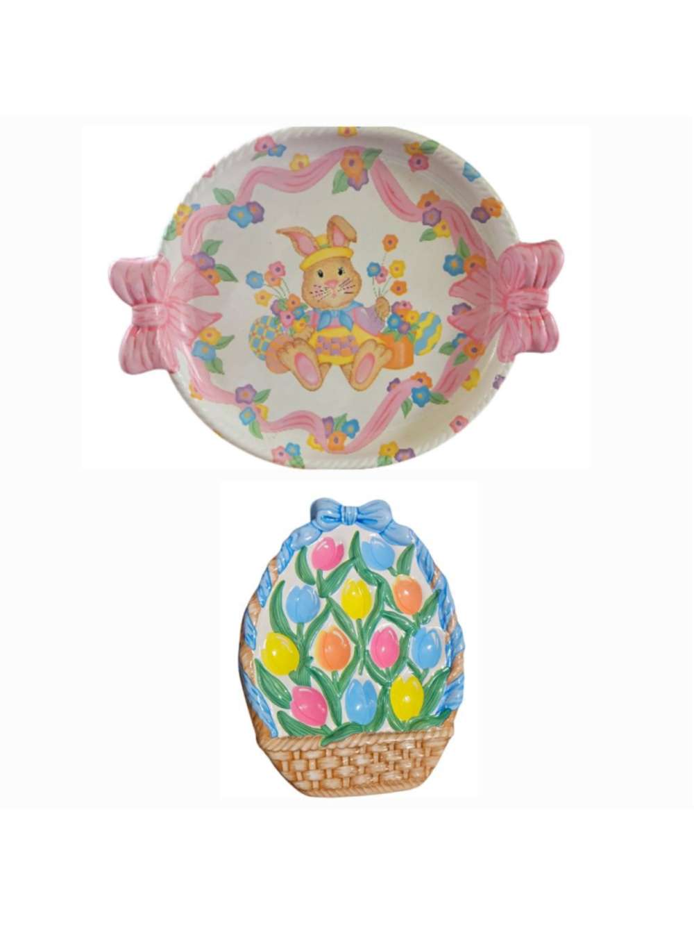 Vintage Easter Bunny Tray Set Bow Handles Pastel Spring Serving Plate Egg Tray